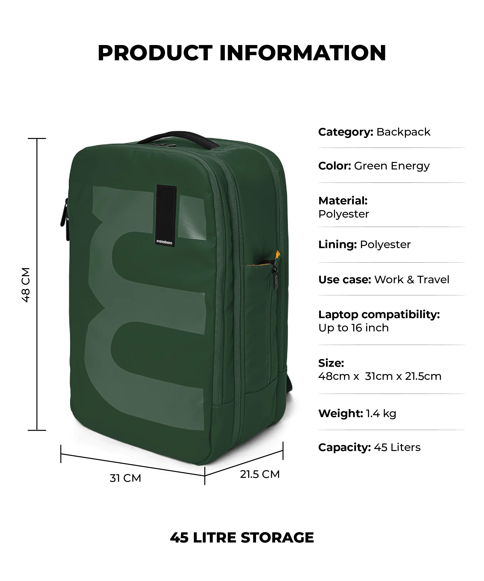 Color_ Green Energy | The Em Travel Backpack - 45L